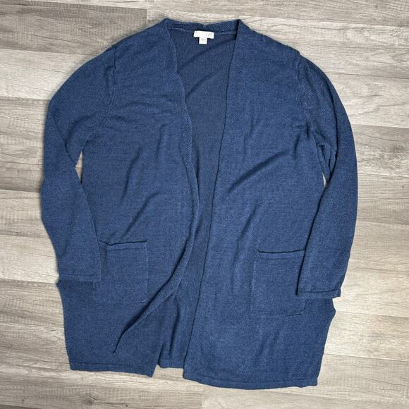 J. Jill Blue Cardigan Sweater Open Front Knit Linen Blend Long Sleeve Size Large - Picture 1 of 7